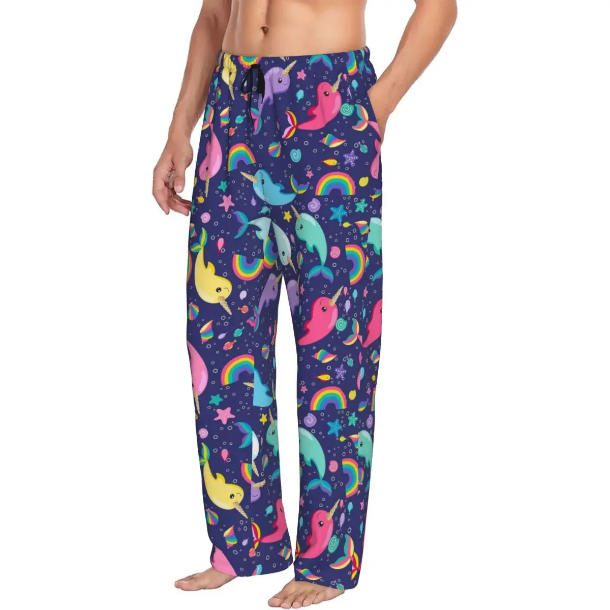 Custom Rainbow Narwhals Under The Sea Blue Pajama Pants Men Sleepwear Sleep Lounge Bottoms with Pockets