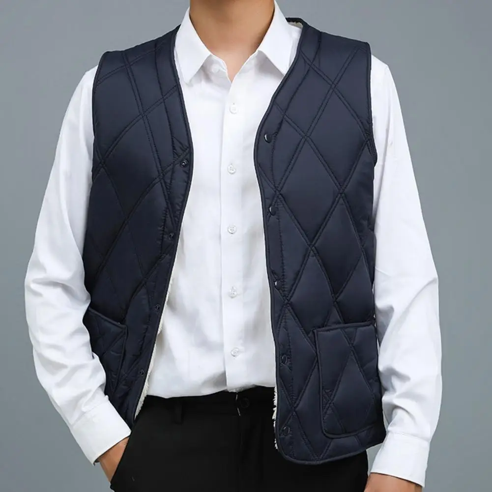 Quilted Waistcoat Men's Velvet Quilted V-neck Waistcoat with Plush Lining Single-breasted Winter Vest for Stylish Men for Warmth