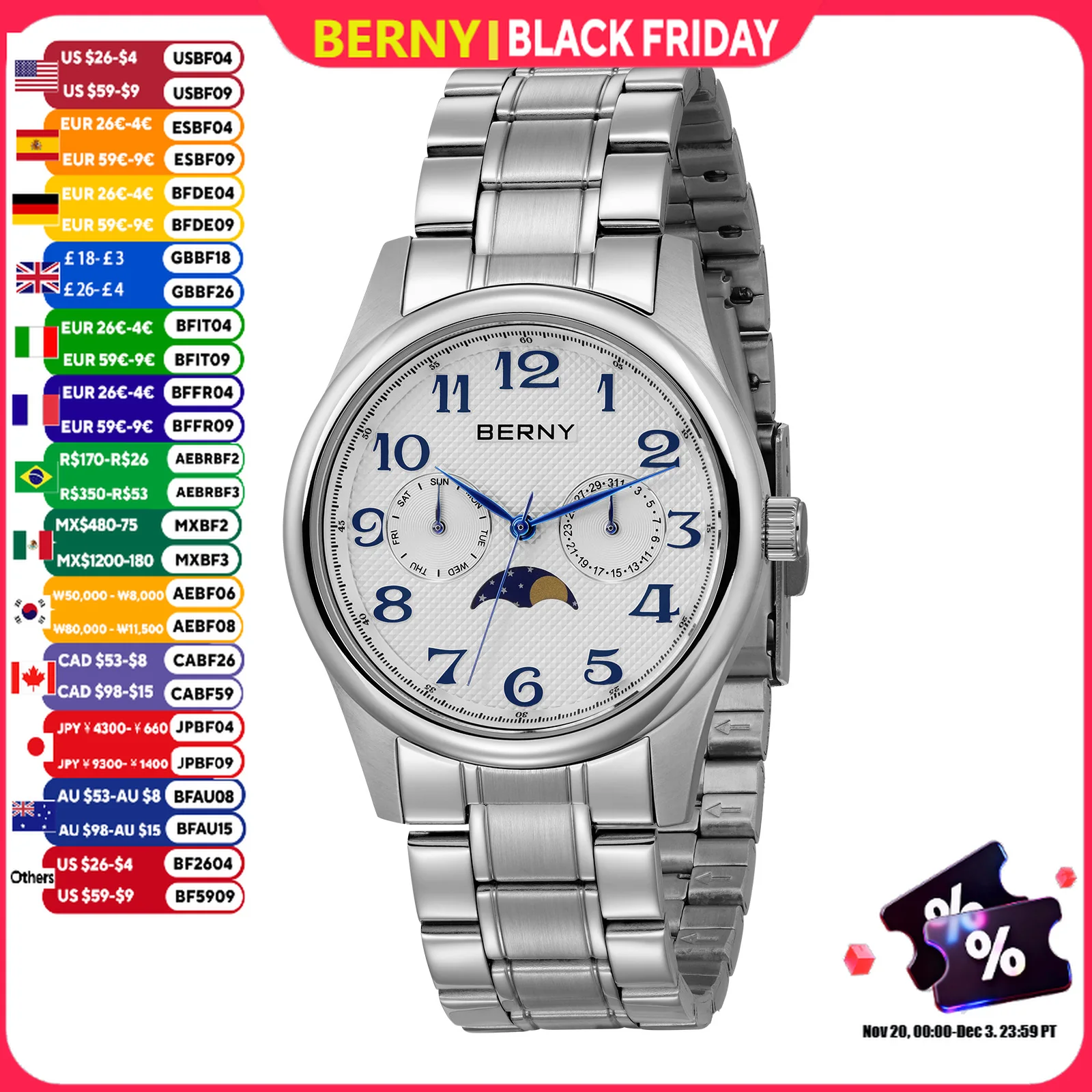 BERNY мужские часы с фазой Луны, роскошные модные кварцевые часы для мужчин, винтажный календарь, легко читаемые многострелочные наручные часы