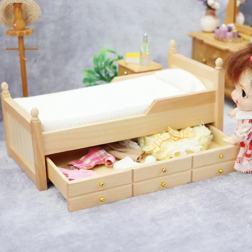 

Деревянная миниатюрная кровать из высококачественной массивной древесины, украшение для маленького домика, декор для дома, аксессуары для кукольного домика, материалы для рукоделия DIY