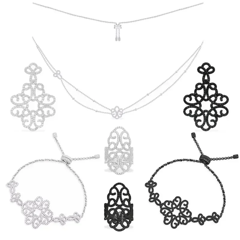 

Komm стерлингового серебра 925 пробы, черно-белая полая лоза с узором в виде цветов, кольцо, серьги, браслет, ожерелье, женские роскошные праздничные украшения