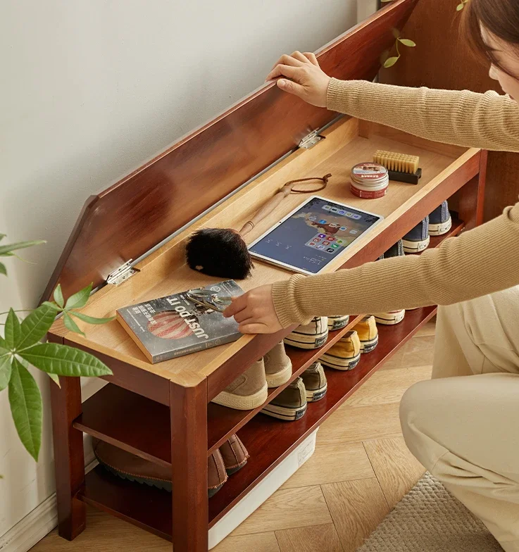 

Solid wood shoe changing stool, cabinet, and the door can be stored and worn with stools, multi-layer racks
