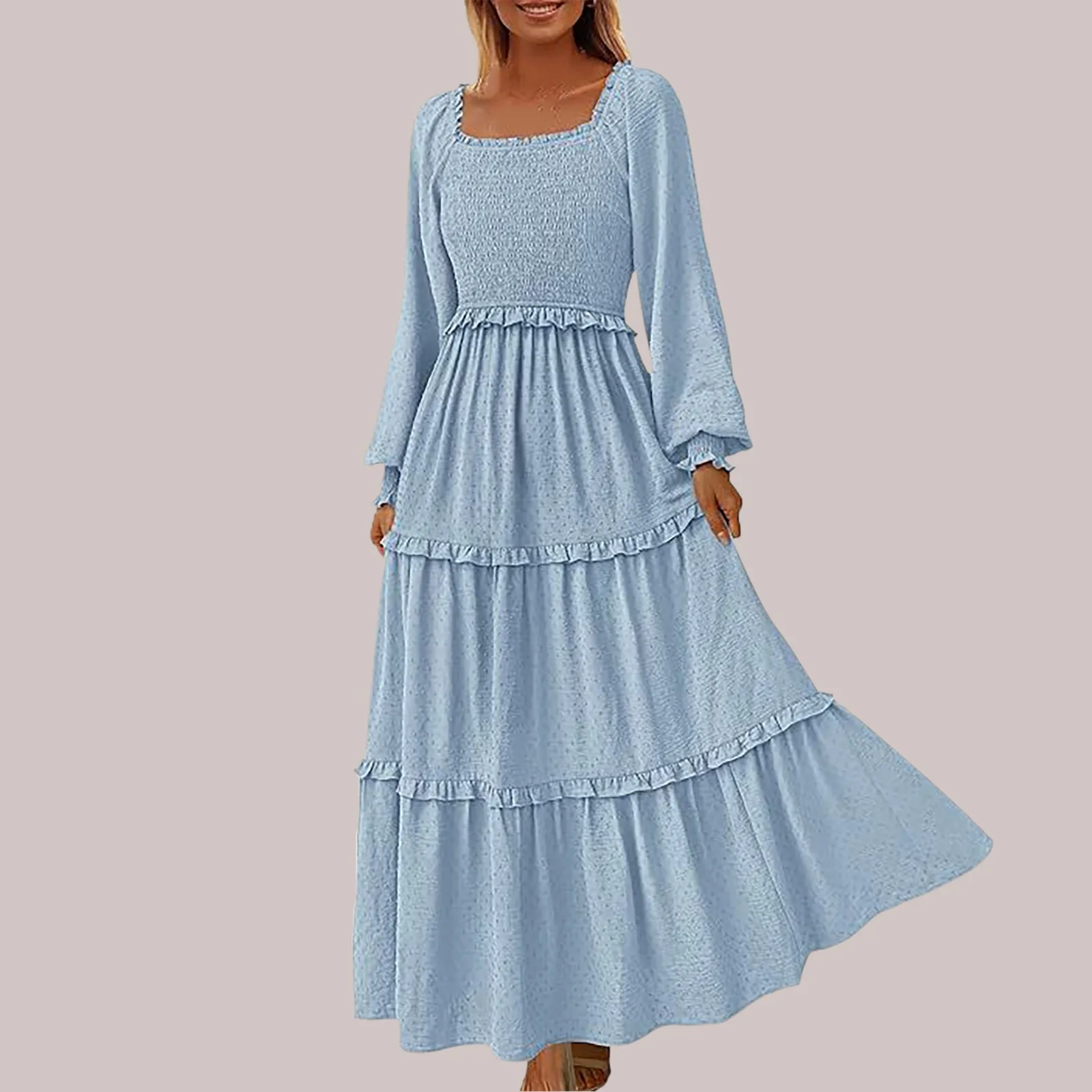 Falda plisada de manga larga para mujer, vestido informal de lunares con cuello cuadrado, en capas, holgado, talla grande