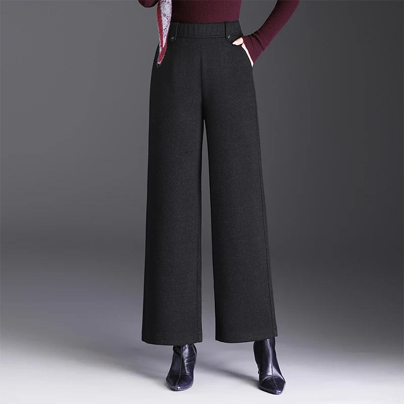 

Утепленные осенне-зимние шерстяные брюки-палаццо для женщин, с высокой талией, прямые, струящиеся, для женщин среднего возраста