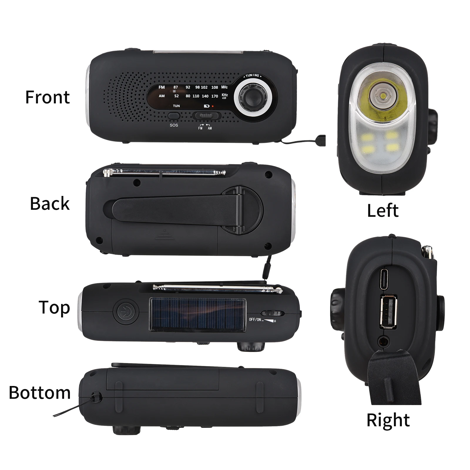 Wind Up Solar Radio SOS Alarm AM/FM Emergency Solar Radio Crank Powered Radio with Rechargeable Battery 4 Modes Flashlight