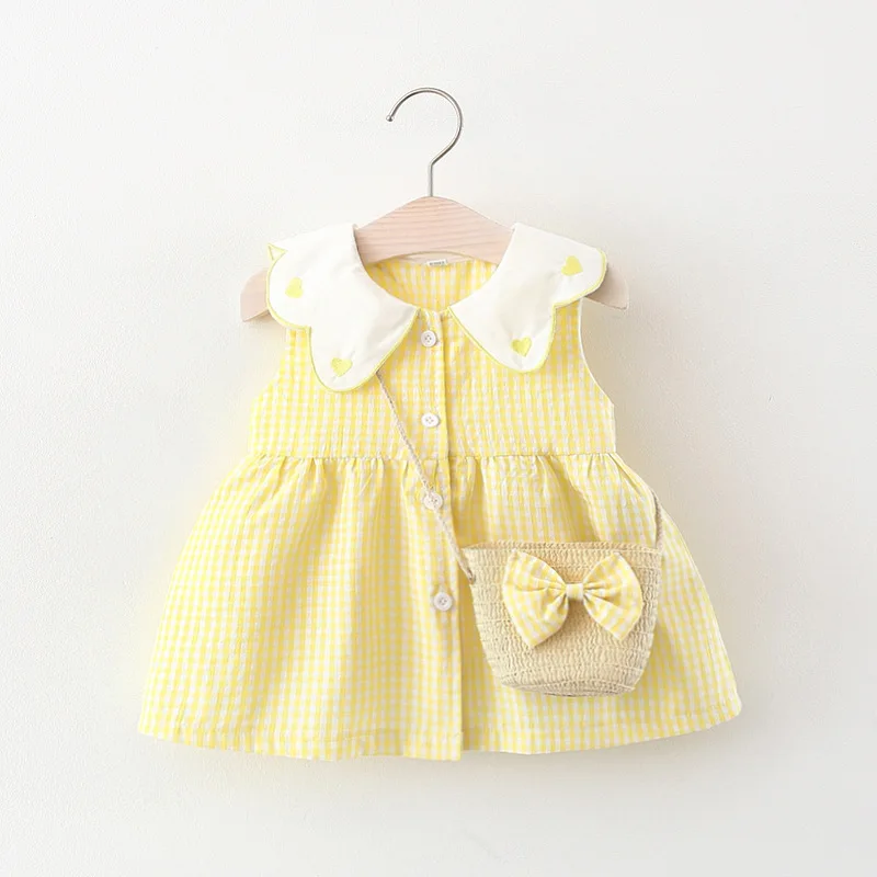 New In 2Piece Sets Summer Baby Girl Clothes Korean Cute Flowers Doll Collar Sleeveless Princess Dress+Bag Toddler Dresses BC014