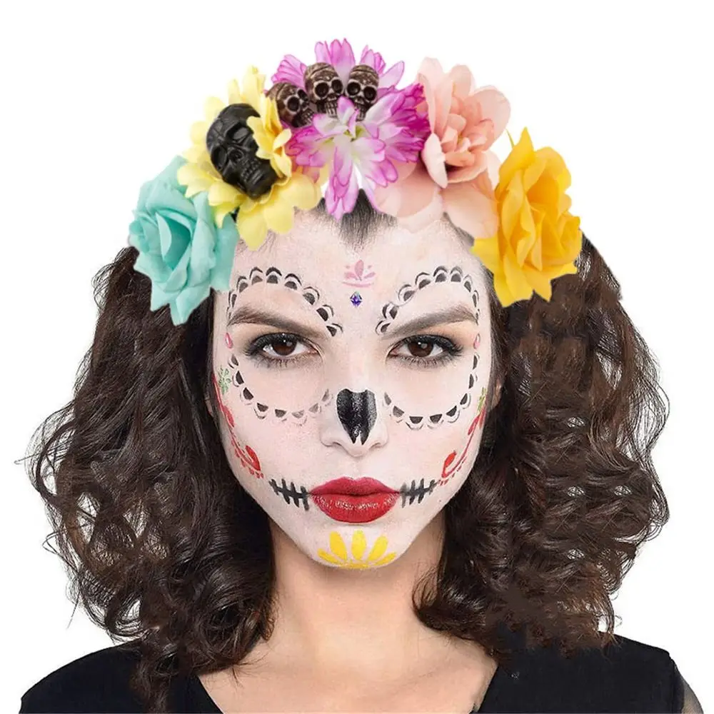 Day of The Dead Halloween Rose Flower Headband Black Veil Wedding Mexican Rose Flower Crown Headband Costume Cosplay Party