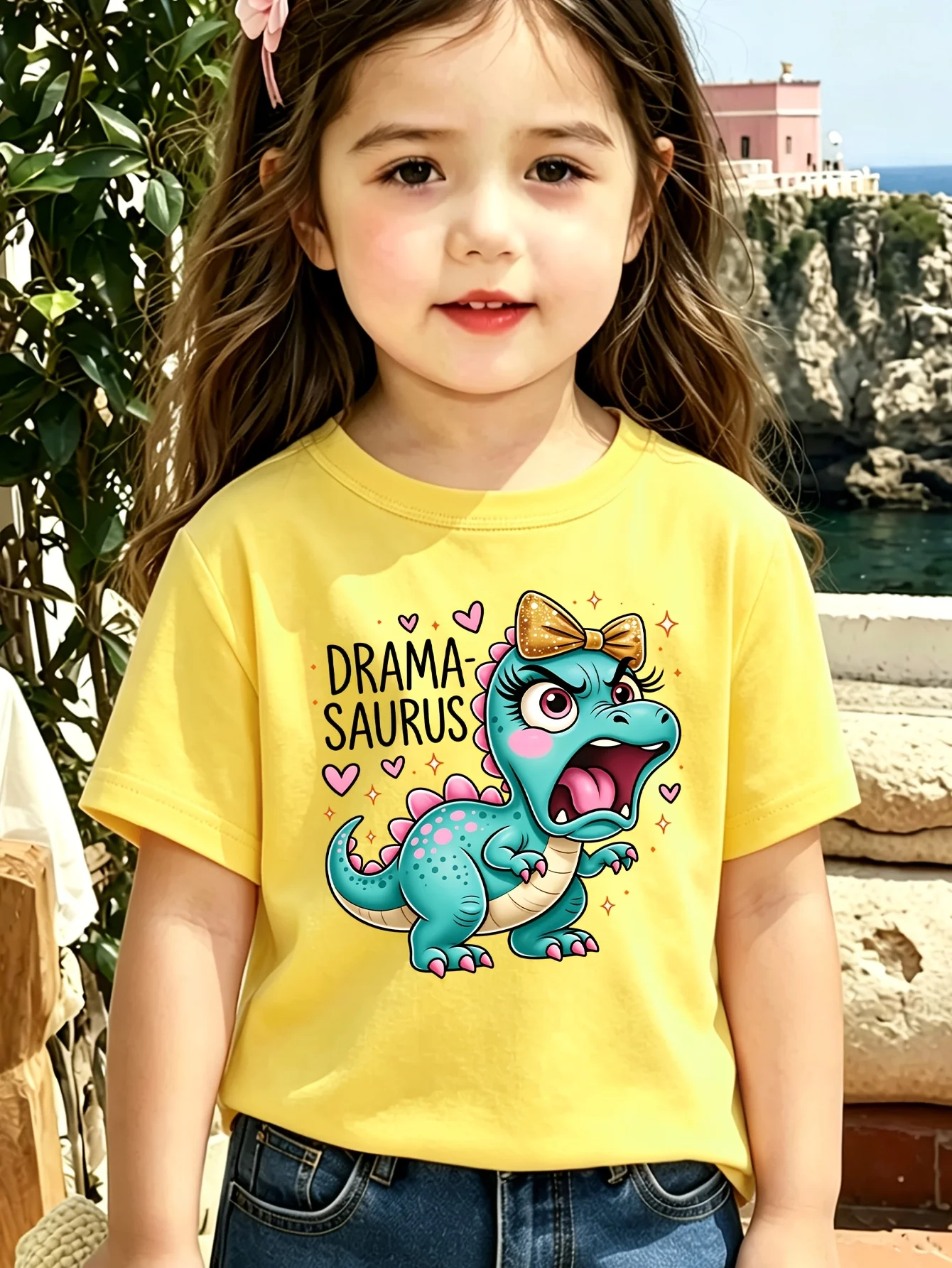 Children's Dramasaurus Letter and Dinosaur Print Fashionable Casual Comfortable T-shirt Cute Parent-child Round Neck T-shirt