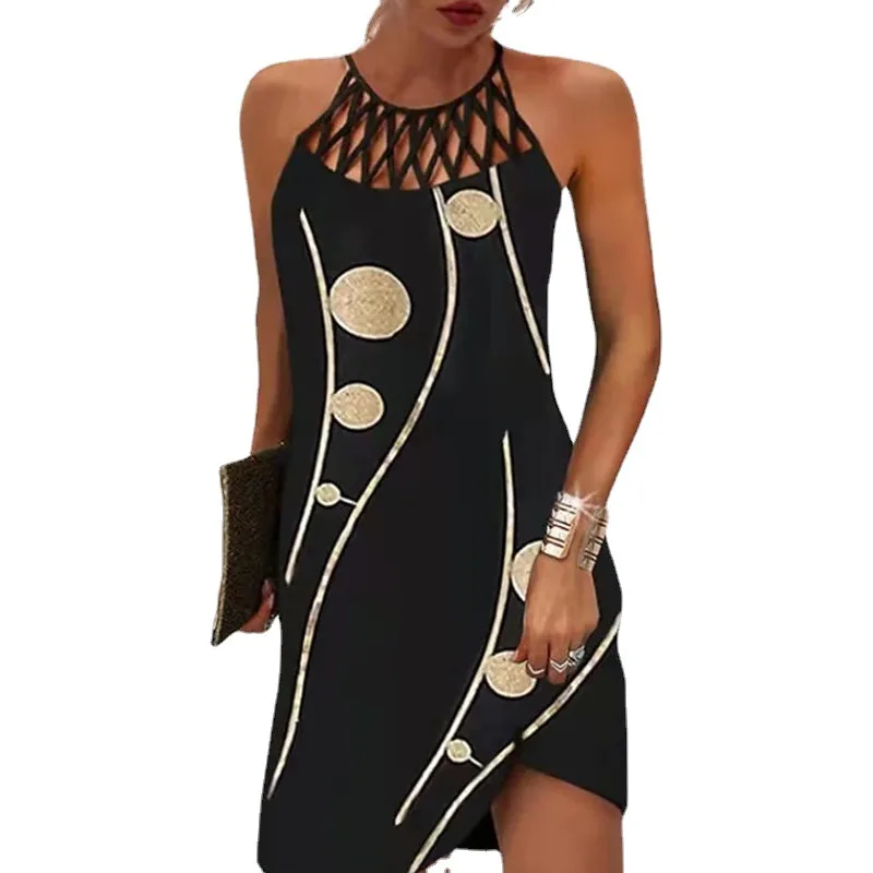 Fashionable women\'s ethnic style dress 2024 new multi-color abstract print hollowed out casual mini sleeveless dress for women