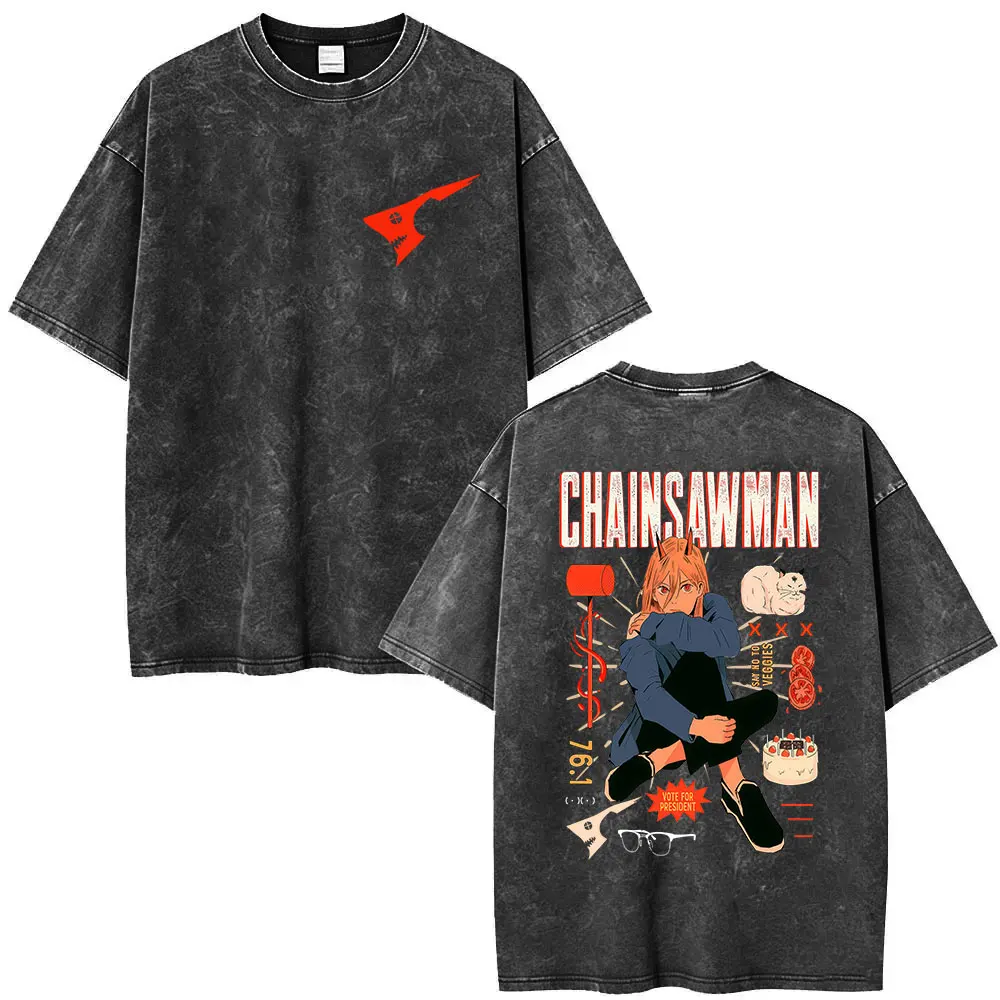 2026 Anime Chainsaw Man Makima Denji Pochita Vintage Washed T Shirt Men Women Harajuku Clothing Summer Oversized Cotton T-shirt