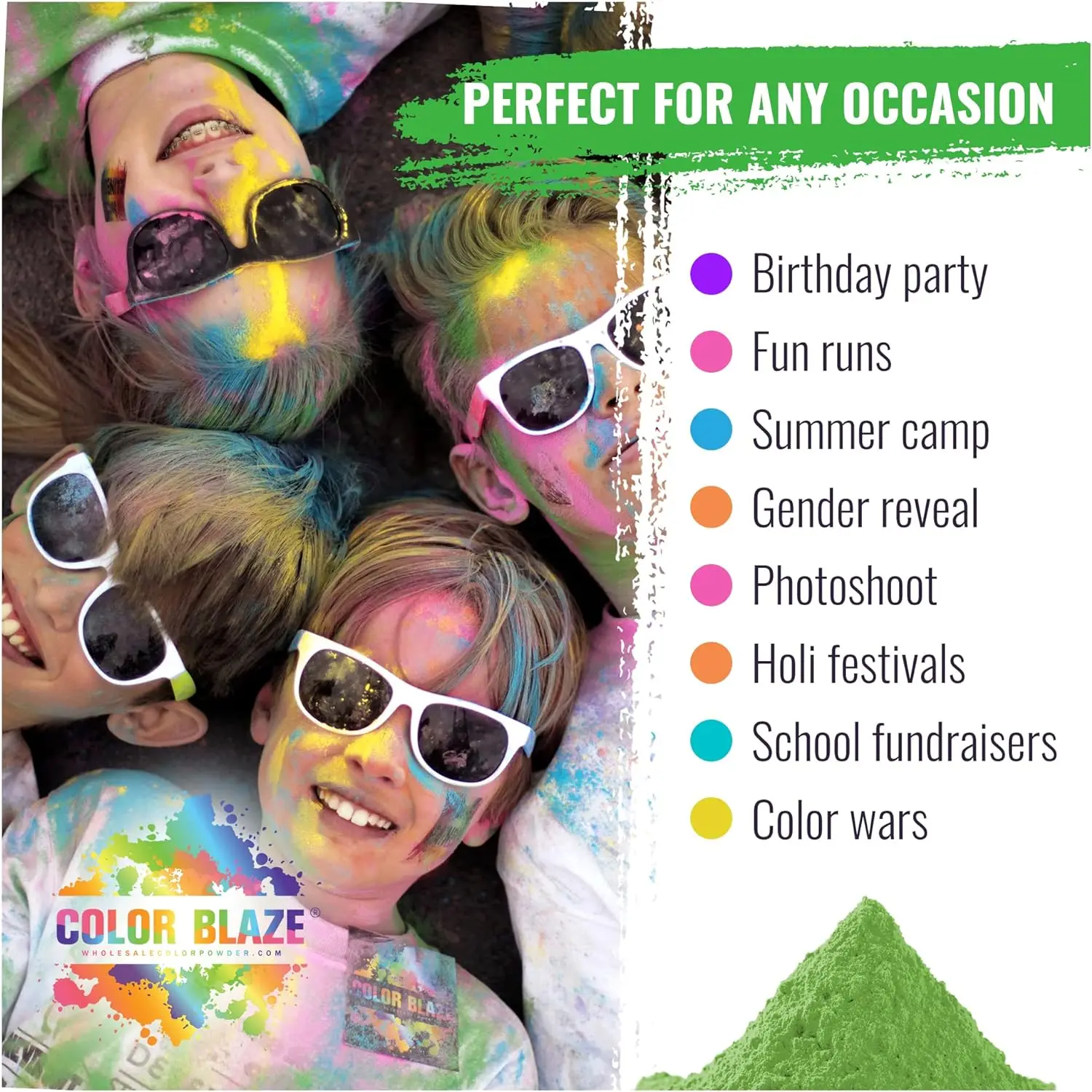 Holi Colored Powder - 1 lb pack - Pink, Red, Orange, Yellow, Green, Teal, Blue, Purple - For Toss, Rangoli, Fun Run, War, Party