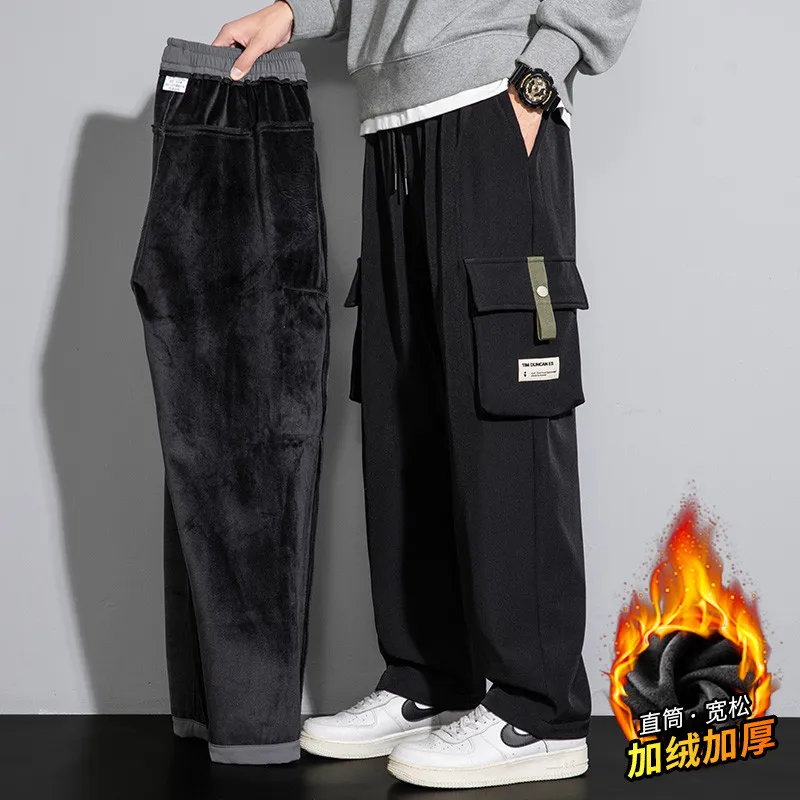 

Oversized Black Workwear Pants For Men'S Autumn Winter Loose And Straight Tube Multiple Pockets Casual Plush Long Pants