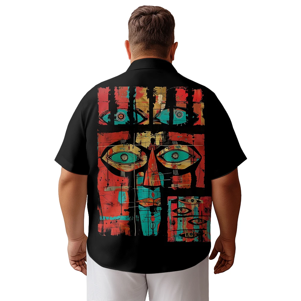 2024 new Hawaii Men's shirts plus size Vintage oil painting mysterious eyes printed clothing casual short-sleeved