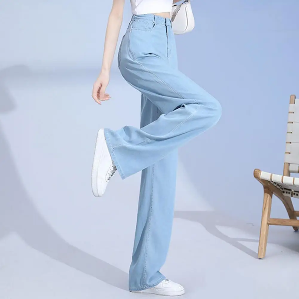 

Women Pants Elastic Waist Trousers Stylish Women's High Waist Wide Leg Jeans with Button Closure Pockets Stretchy for Commute