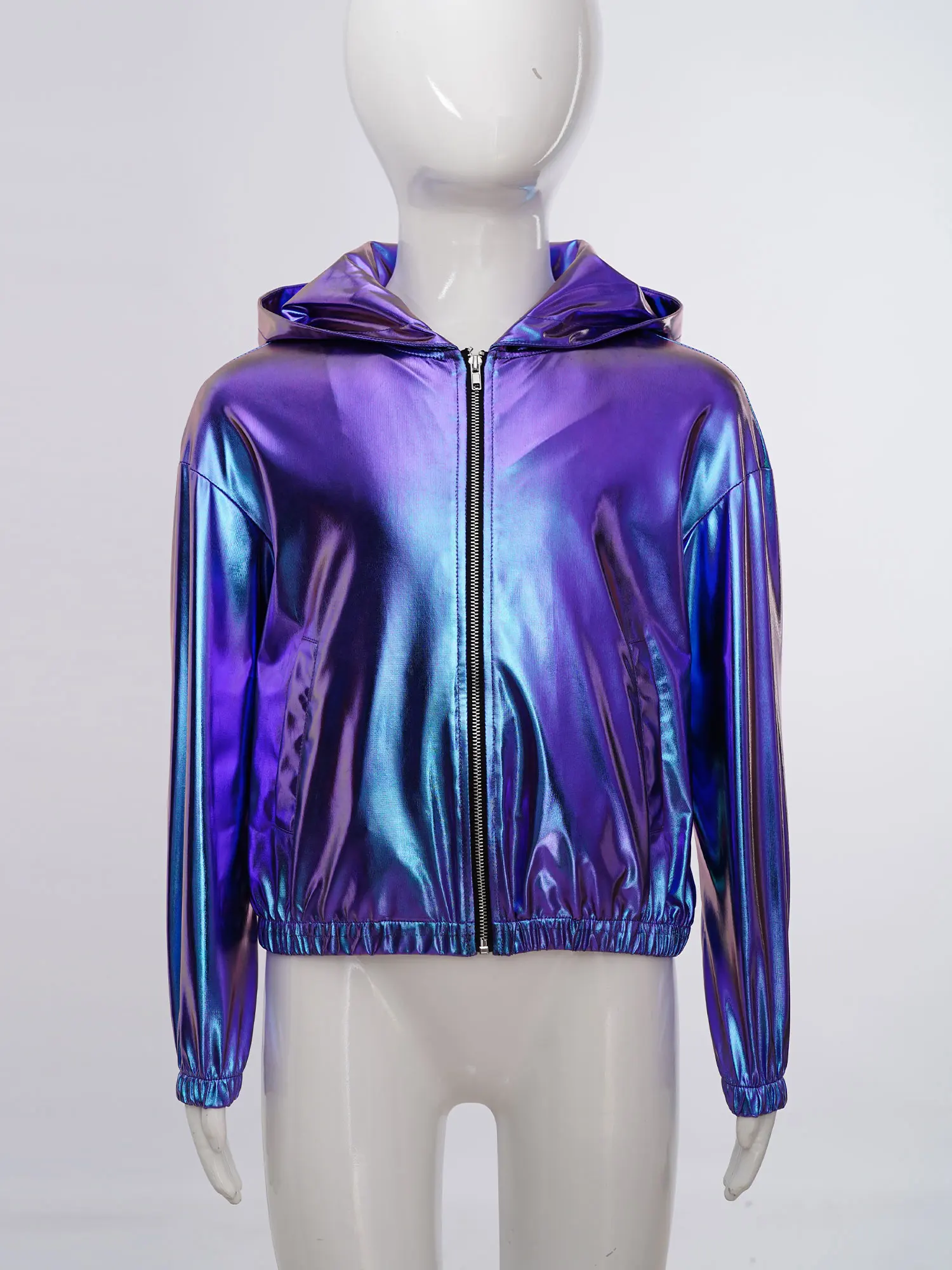 Kids Girls Metallic Hooded Jacket Long Sleeve Zipper Shiny Pockets Coat Outerwear for Hip Hop Dance Stage Performance Daily Life