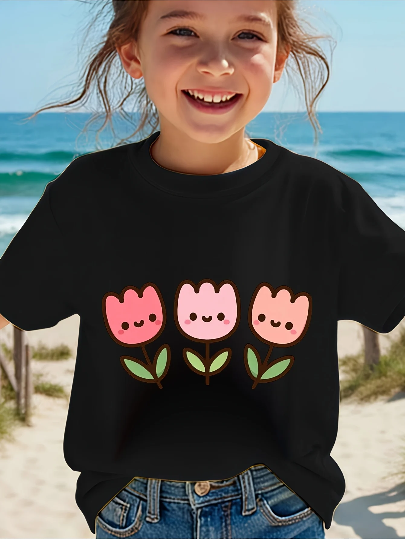 Kids Cute Smiling Tulip Flower Graphic Tee Boys Girls Family Matching Short Sleeve Plant Cartoon Casual Daily Wear T Shirt