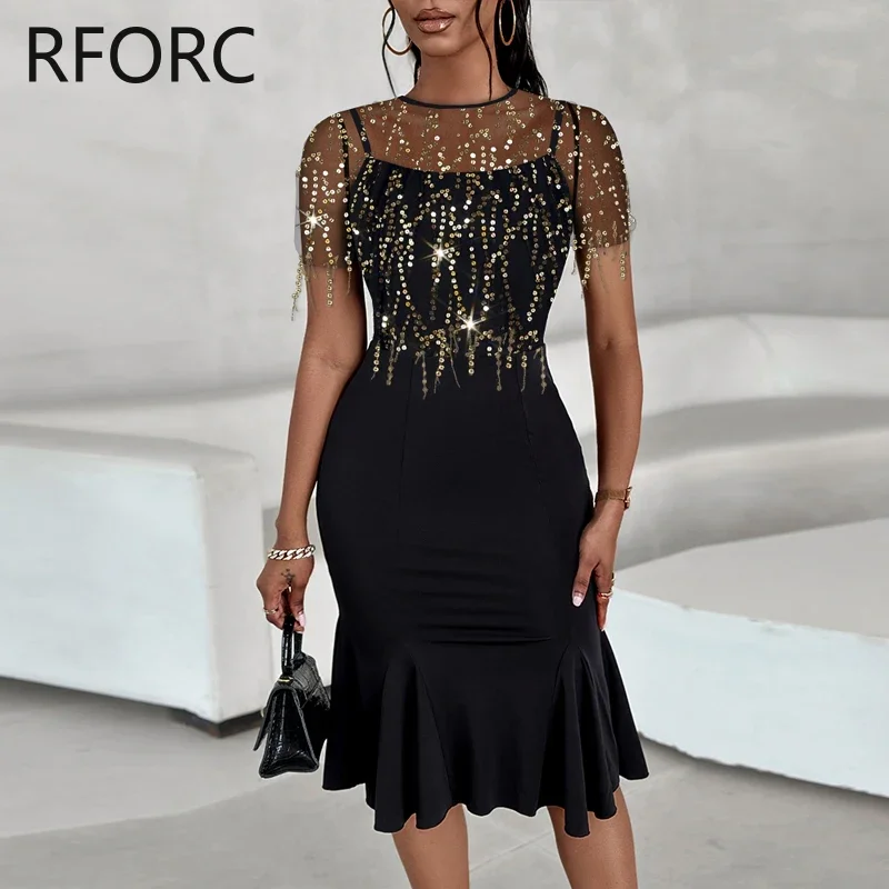 2023 Women Contrast Mesh Patch Sequin Tassels Midi Sexy Party Black Mermaid Dress