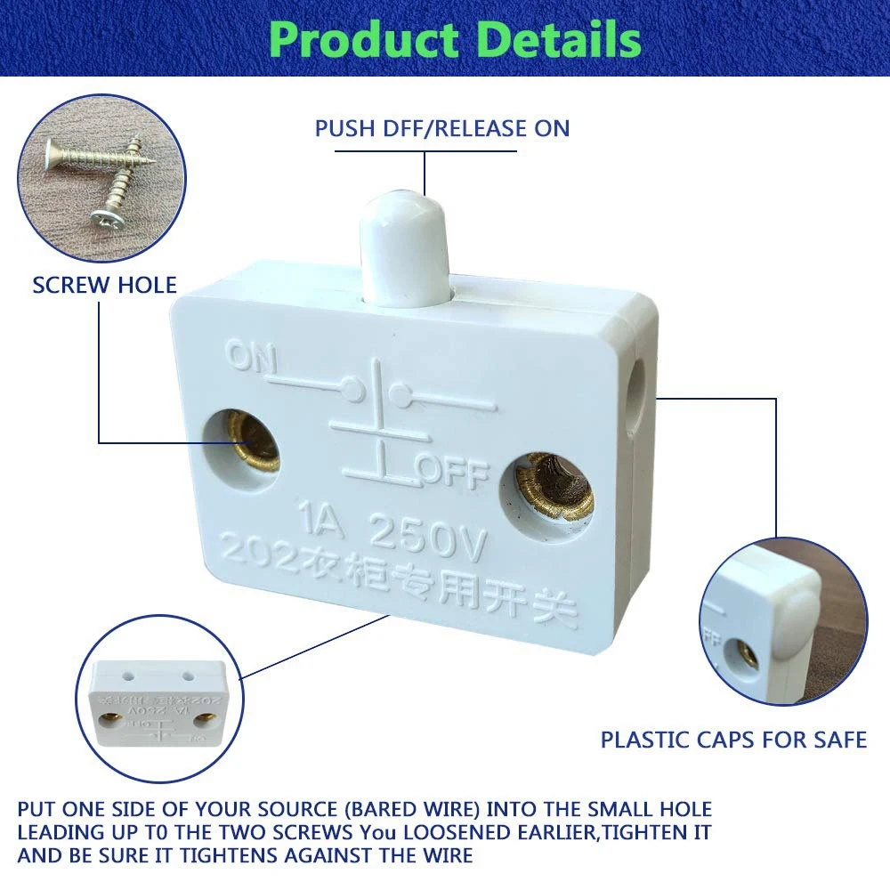 Interruptor de puerta de armario de 4 piezas, interruptor de lámpara de armario, cajones abiertos, Puerta CERRADA aplicable a 12V, 24V, 110V, blanco