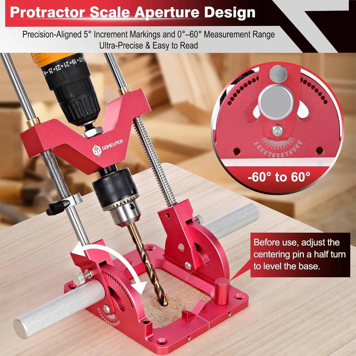 Portable drill positioner for straight holes, heavy duty 0 ° to 60 ° angle drill guide positioner