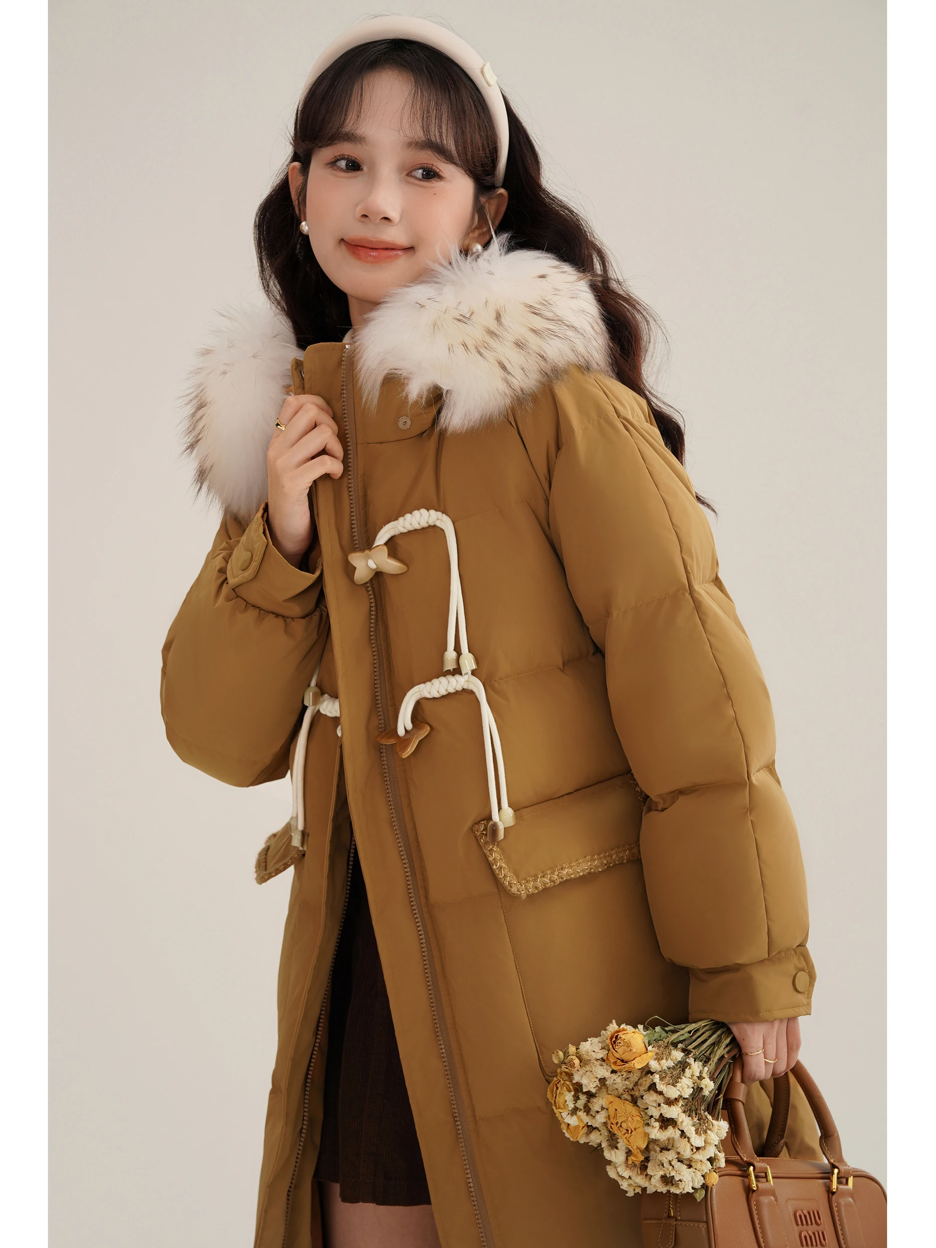 

Lingjiu 2025 New 90 Du down Purple Horn Button Coat Small Size Women's down Jaet Winter Warm Straight Cut Memory Fabric