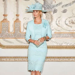 Customized Baby Blue Mother Gown Knee Length Lace Mother of the Bride Dresses with Jacket Two Pieces Mother Suit for Party Short