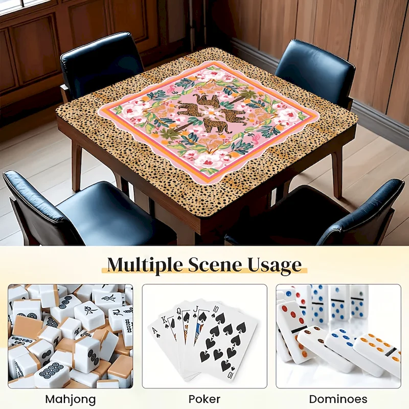 VIKAMA Leopard Print Tropical Flower Game Table Mat Anti Slip Quick Drying Table Mat Poker Game Table Mat Home Decoration