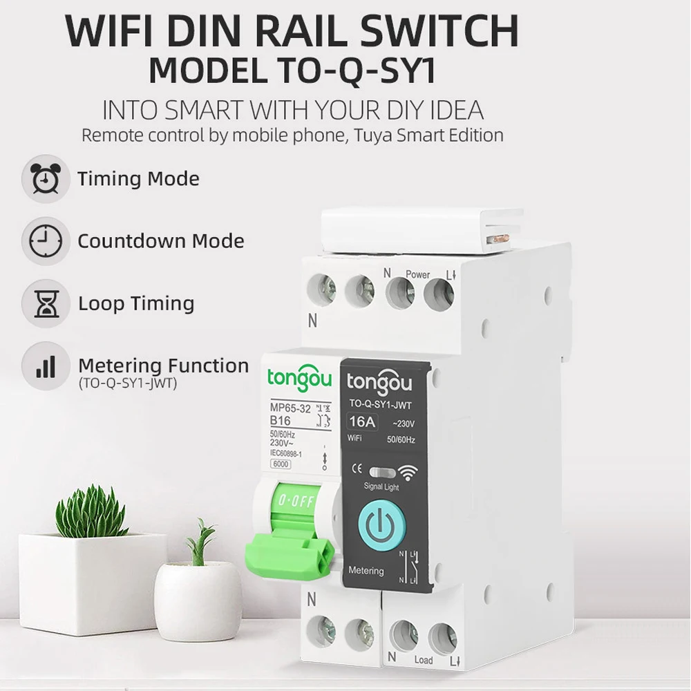 Tuya WiFi Smart Metering Switch 1P+N 10A/16A/25A/32A DIN Rail Timer Switch Voice Remote Control Work with Alexa Google Home