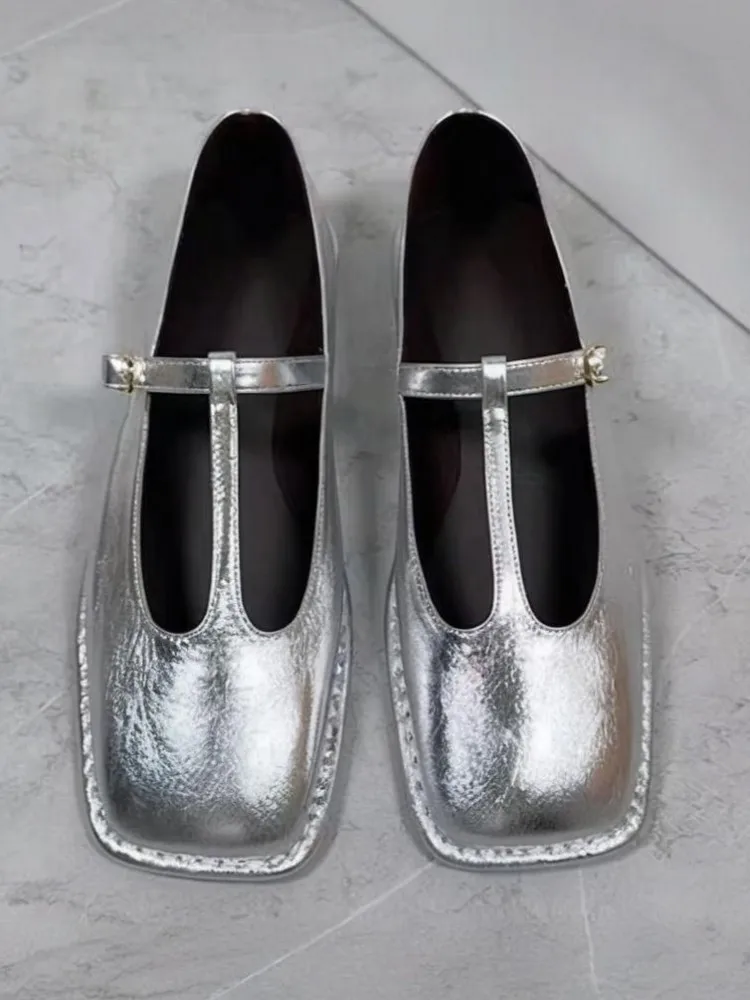Ladies T-Shaped Buckle Strap Square Toe Genuine Leather Flats French Style Retro Solid Color Sheepskin Flat Mary Jane Shoes