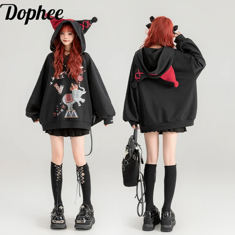 

Dophee Original Circus Printing Women Black Sweatshirt Hooded Pullover Top Autumn Winter Personality Zip Cardigans Parkas Coat