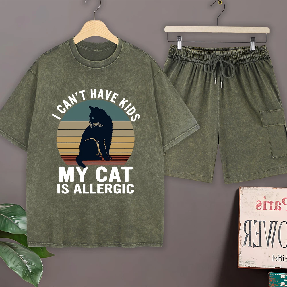My Cat Is Allergic To Children Cotton Washed T-Shirts Set Mens Street Oversized Tops Cargo Shorts O-Neck T Shirt Summer Clothes