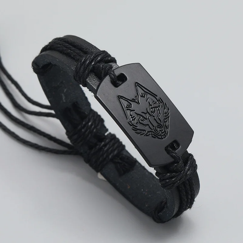 Fashion Vintage Punk Style Men's Leather Bracelet Black Wolf Head Simple Rope Chain Hand Woven Leather Bracelets Accessory