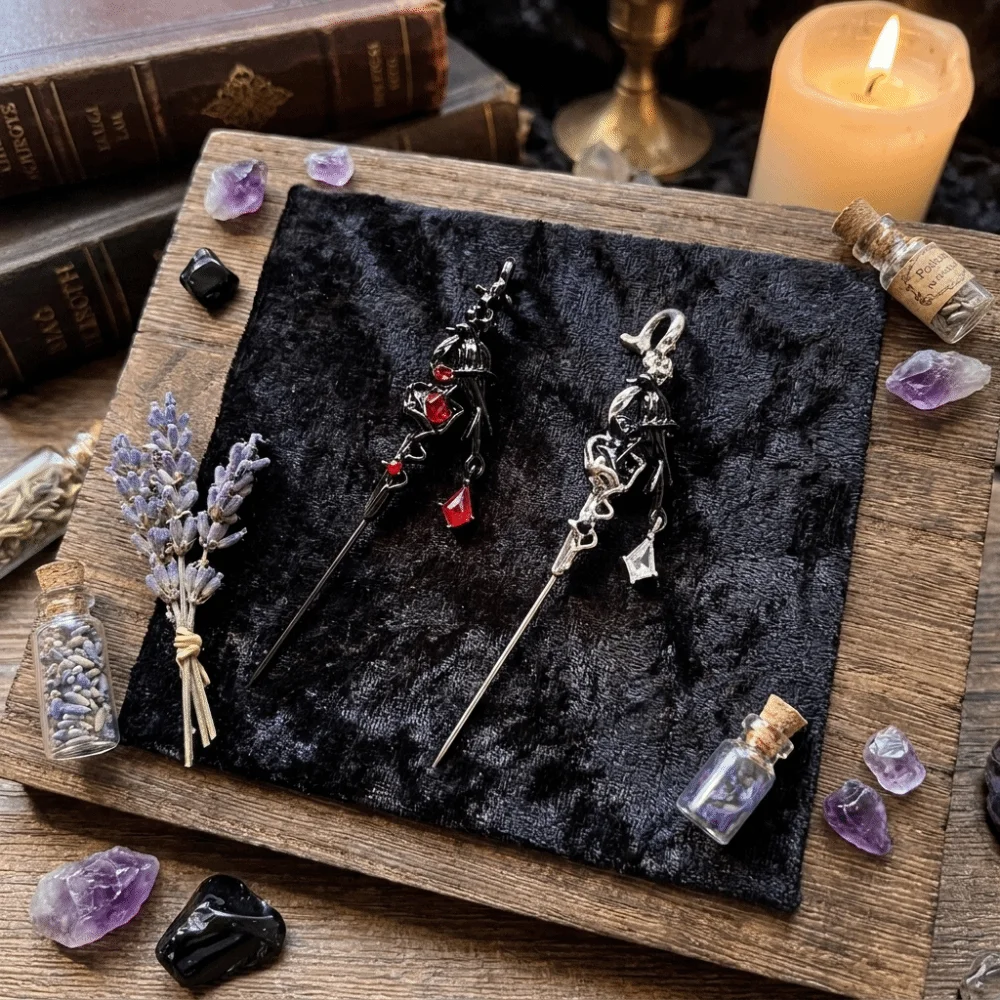 Vintage Crystal Rhinestone Thorn Piercing Earring Black Silver Colors Crow Ear Pin Red Lightweight Ear Stick Statement Jewelry