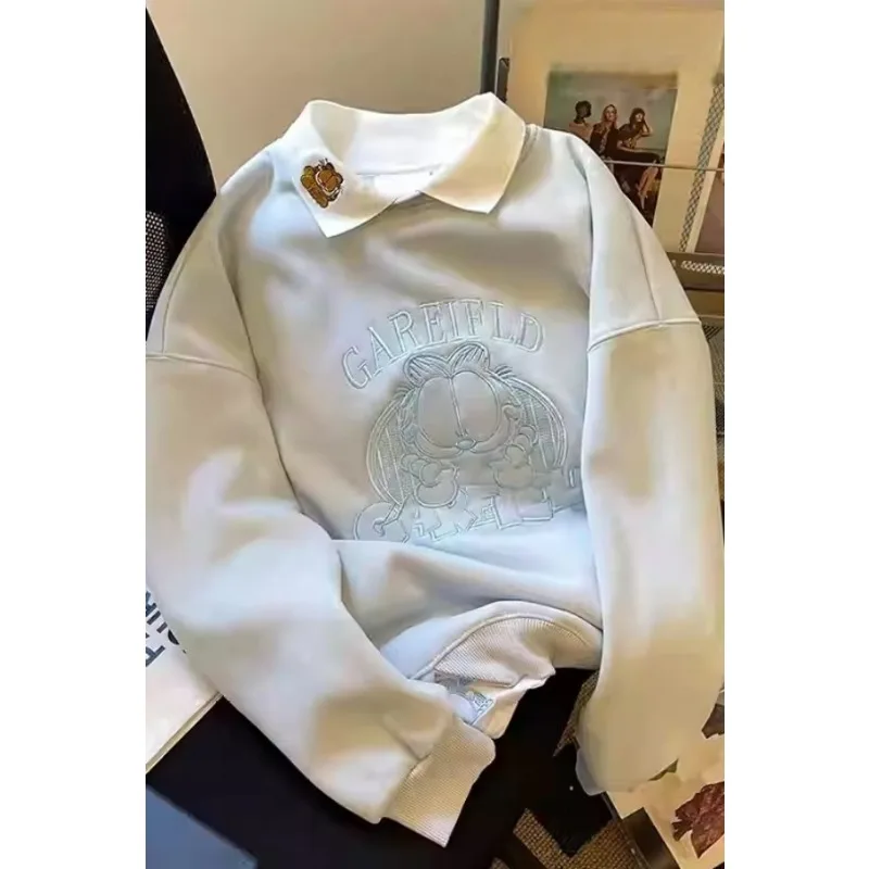 

Голубой искусственный двухсекционный свитшот с вышитыми лацканами для женщин, осень-зима, свободный бархатный утолщенный универсальный топ с длинными рукавами