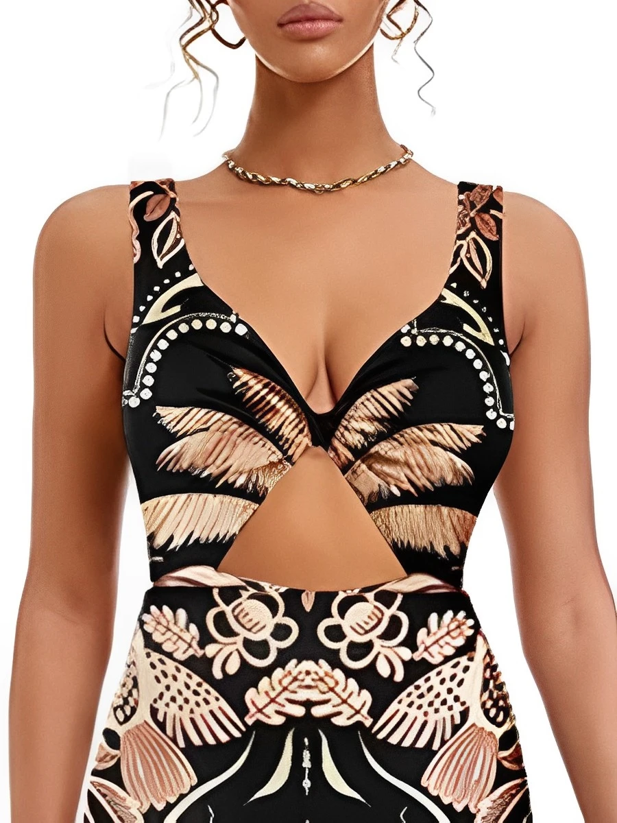 2024 Hollow Out Print Swimsuit Women One Piece V Neck Swimwear Female Beachwear Bathers Bathing Swimming Swim Suit