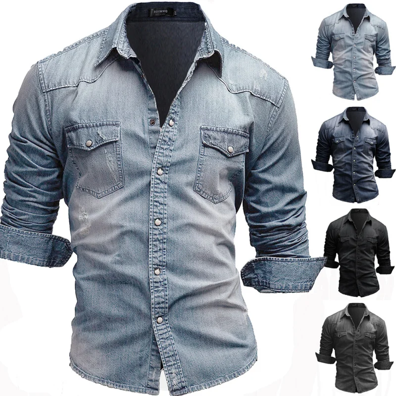 

Men's Denim Shirt Standard Fit Long Sleeve Sharp Collar Youth Fashion Spring Summer Autumn Winter Casual Cotton Jeans Shirt