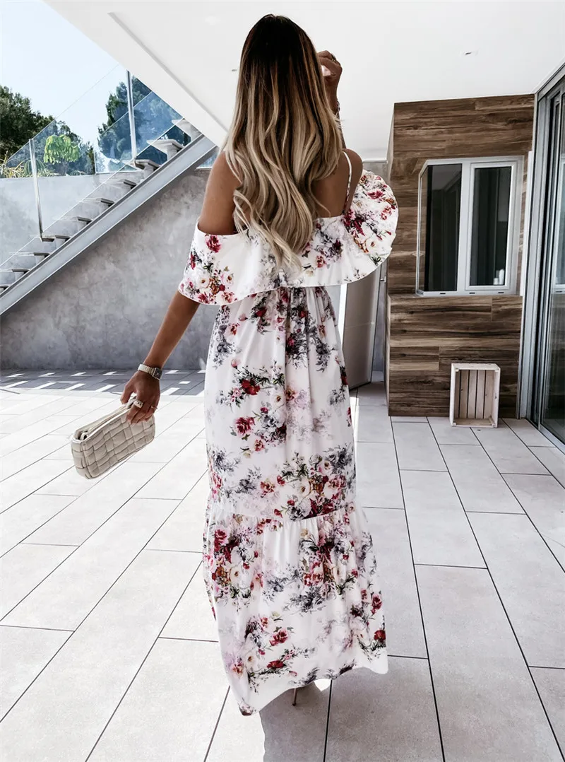 Women Summer Cold Shoulder Dresses Casual Spaghetti Straps Floral Maxi Boho Dress