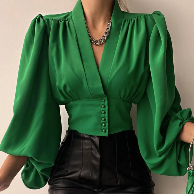 Big Lantern Sleeve Blouse Women Temperament Slim Shirt 2023 Autumn Lady Sexy V-neck Button Tops Elegant Green Office Work Blouse