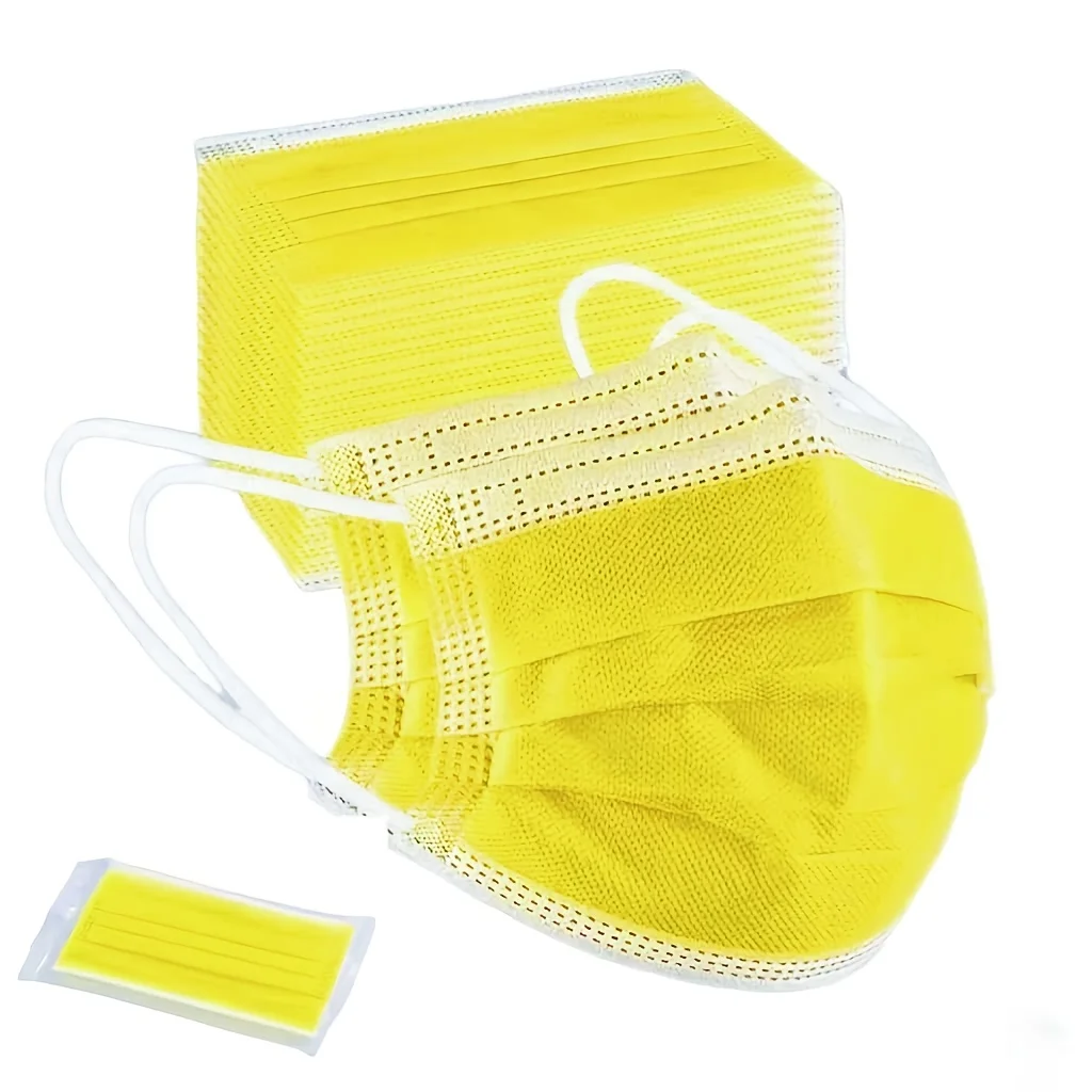 200 unidades de máscaras protetoras descartáveis amarelas – 3 camadas espessadas, respiráveis e confortáveis, presilhas para os ouvidos ajustáveis e almofadas nasal encaixe confortável - 200/100/50/10 peças, baratas pa