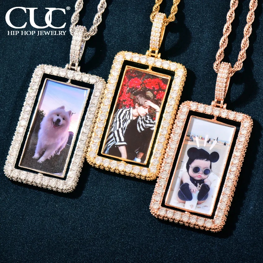 

CUC Custom Dogtag Memory Picture Spinner Pendant Gold Color One Row Zircon Square Frame Necklace Chain Men Women Hip Hop Jewelry