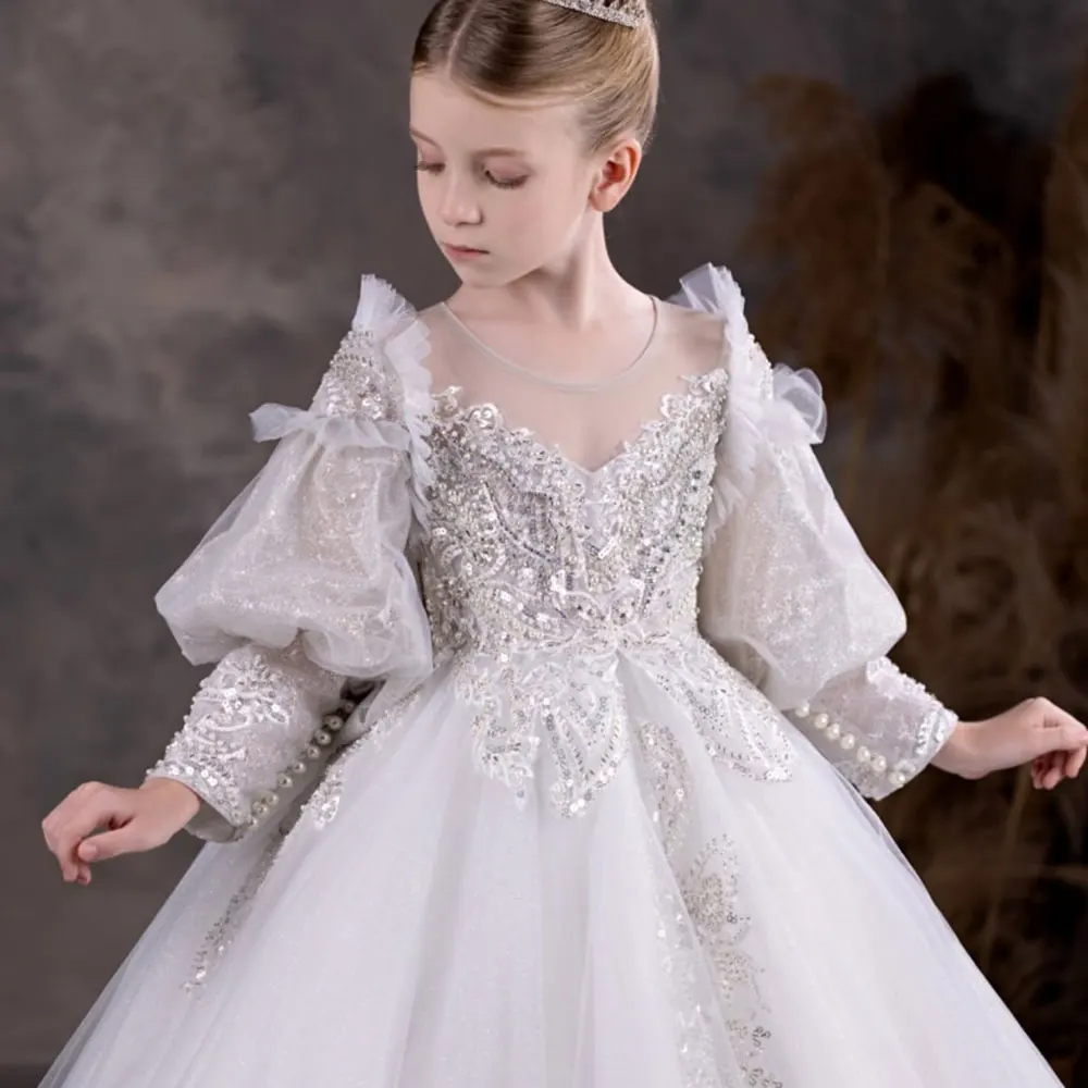 

Jill Wish Luxury White Flower Girl Dresses Beading Pearls Princess Ball Gown for Kids Wedding Birthday Party Pageant J120