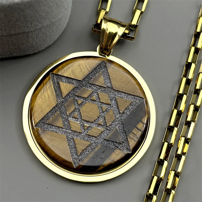 

Natural Stones Jewish Hexagram Symbol Pendant Necklace Stainless Steel Gold Color Judaism Star of David Shield Magen Jewelry
