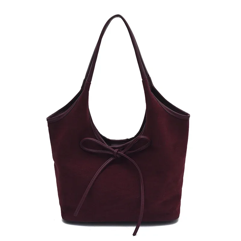 Fashion PU Solid Color Bow Tote Bag 2024 New Hasp High Beauty Shoulder Bag Soft Versatile Commuter Western Style Handbag