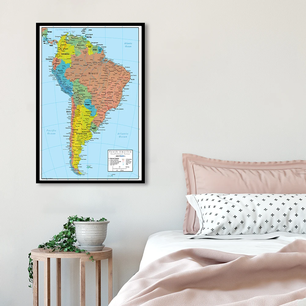 Póster de arte de pared con mapa de América del Sur, pintura en lienzo en aerosol, suministros escolares de viaje, sala de estar, decoración del