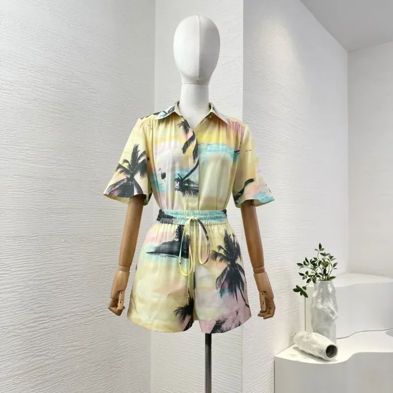 Ladies' Daily Yellow Short Sleeve Coconut Palm Sunset Print Blouse Tops and Yellow Coconut Palm Sunset Print Shorts Sets