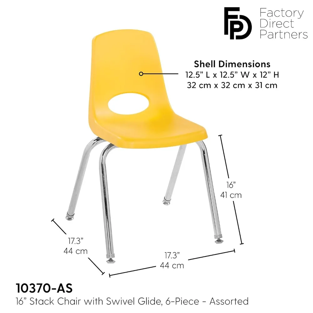 Escola Cadeira Stack, Assento Estudante, Pernas aço cromado, Nylon Swivel Glides, Cadeiras empilháveis, 16"