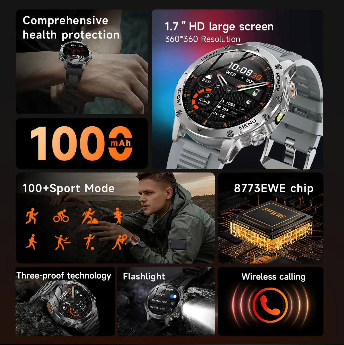 1.7 "شاشة كبيرة بلوتوث دعوة ساعة ذكية للرجال الرياضة في الهواء الطلق مصباح يدوي 1000mAh مراقبة الصحة ساعة ذكية للرجل الذكور IP6