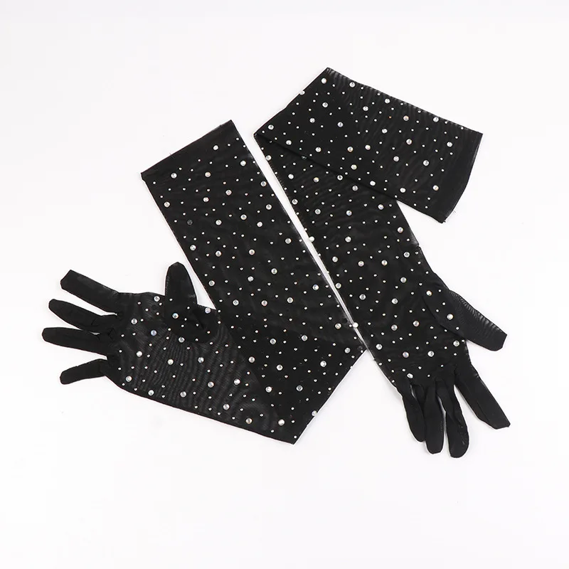 Sexy Black Silk Gloves 55cm Women\'s Thin Summer Driving Cycling Sun Protection Arm Sleeves Halloween Party Mesh Diamond Mittens