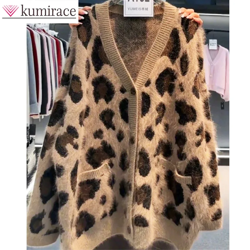 Knitted Cardigan for Women, Leopard Print, Western-style, Brushed Sweater, Loose Jacket, New Item, 2024 Autumn and Winter