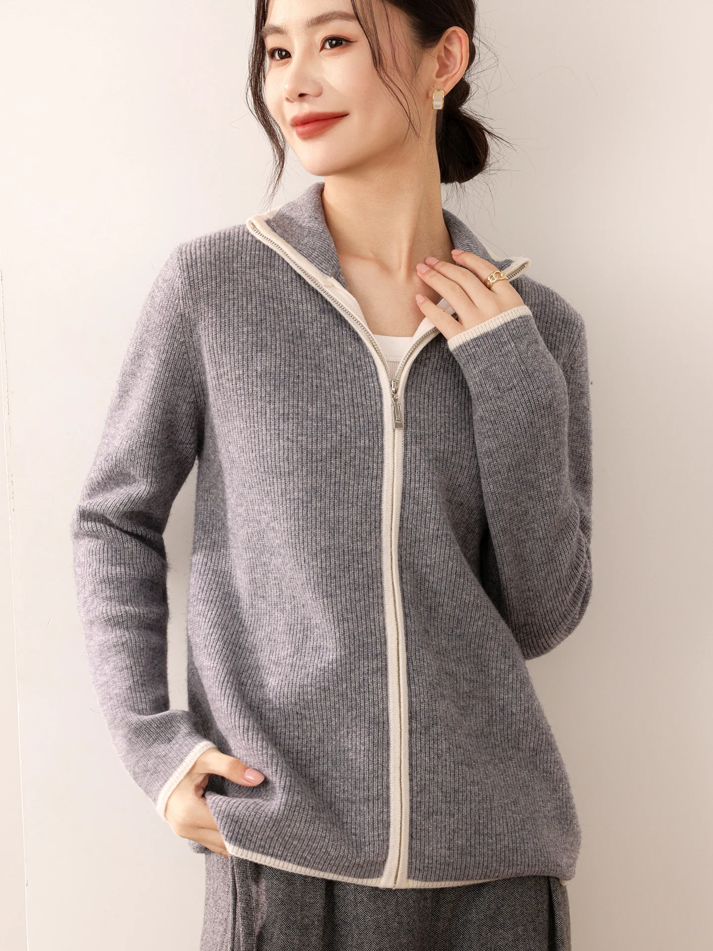 

Осенне-зимний стиль, женский кардиган на молнии из 100% мериносовой шерсти, вязаный кашемировый топ с длинными рукавами и воротником-стойкой