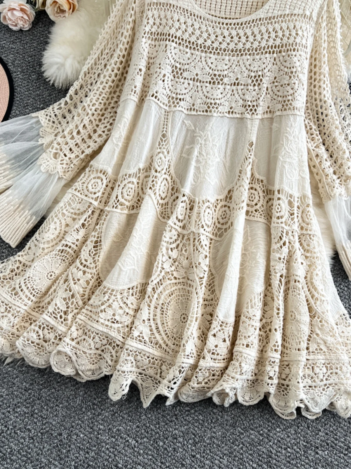 Vestido Midi F de Verão Estilo Boho Coreano com Tricô Solto, Design Vazado e Saia Evasê